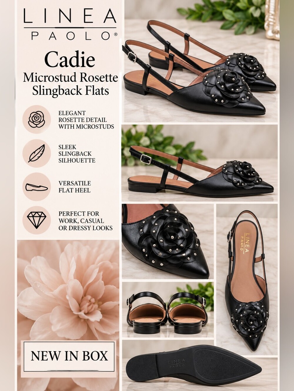 Linea Paolo Cadie Black Rosette Microstud Slingback Flats - NIB